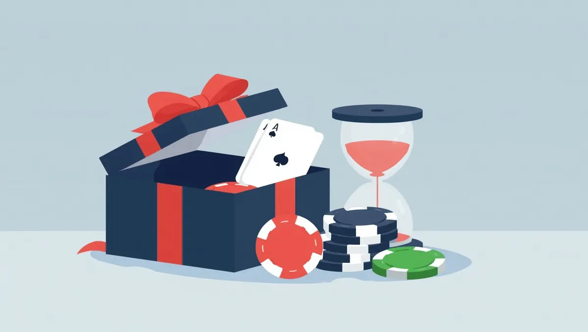 Ilustración: una caja de regalo abierta con fichas y cartas junto a un reloj de arena