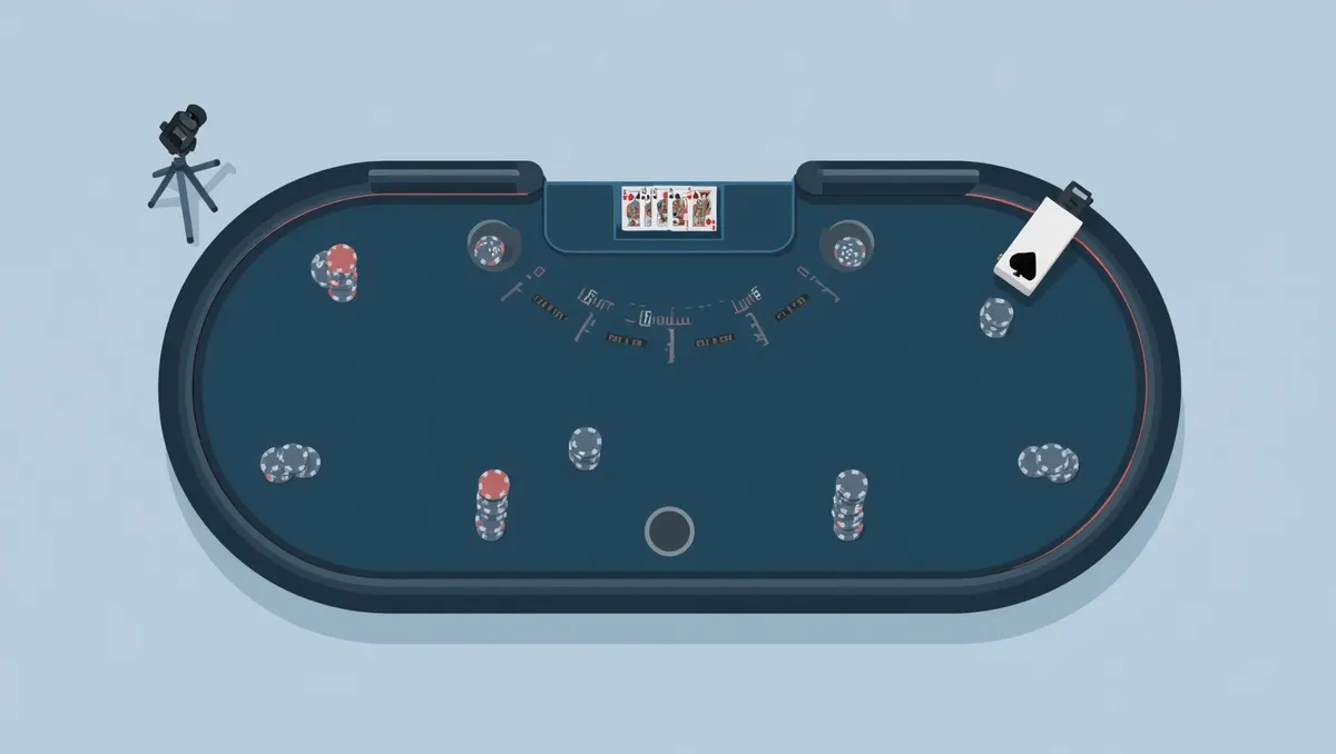 Ilustración: una mesa de blackjack en vivo vista desde arriba con cartas, fichas y una cámara