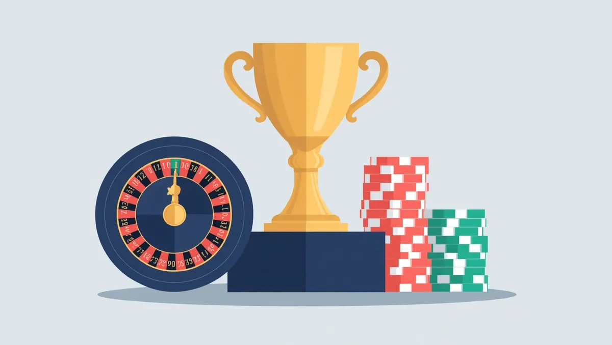 Ilustración: un trofeo dorado sobre un podio junto a una ruleta y pilas de fichas