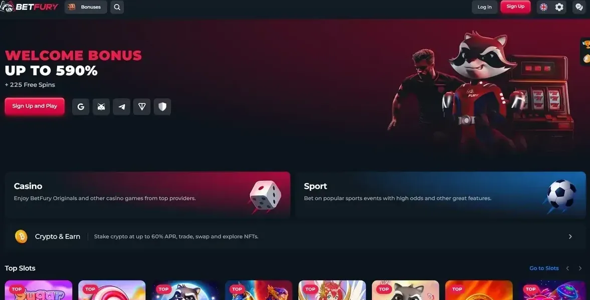 Portada de BetFury anunciando un bono de hasta el 590 %