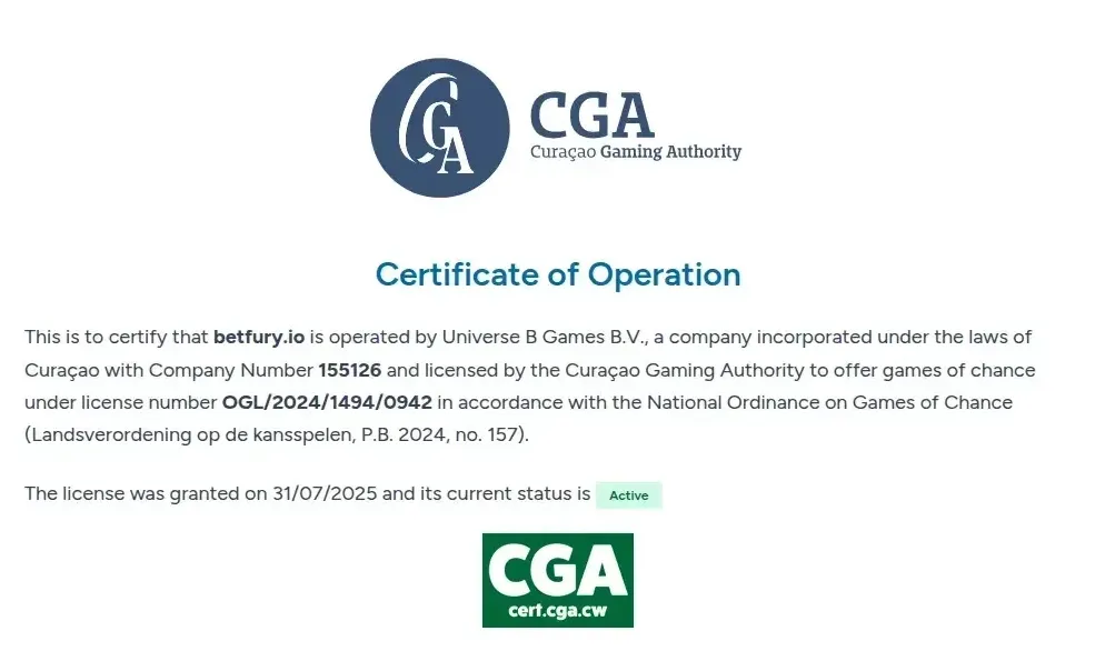 Certificado activo de la autoridad de Curaçao para el dominio betfury.io