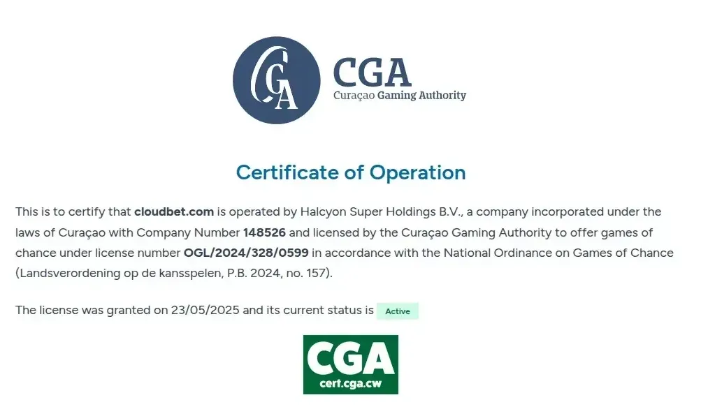 Certificado activo de la autoridad de Curaçao para el dominio cloudbet.com