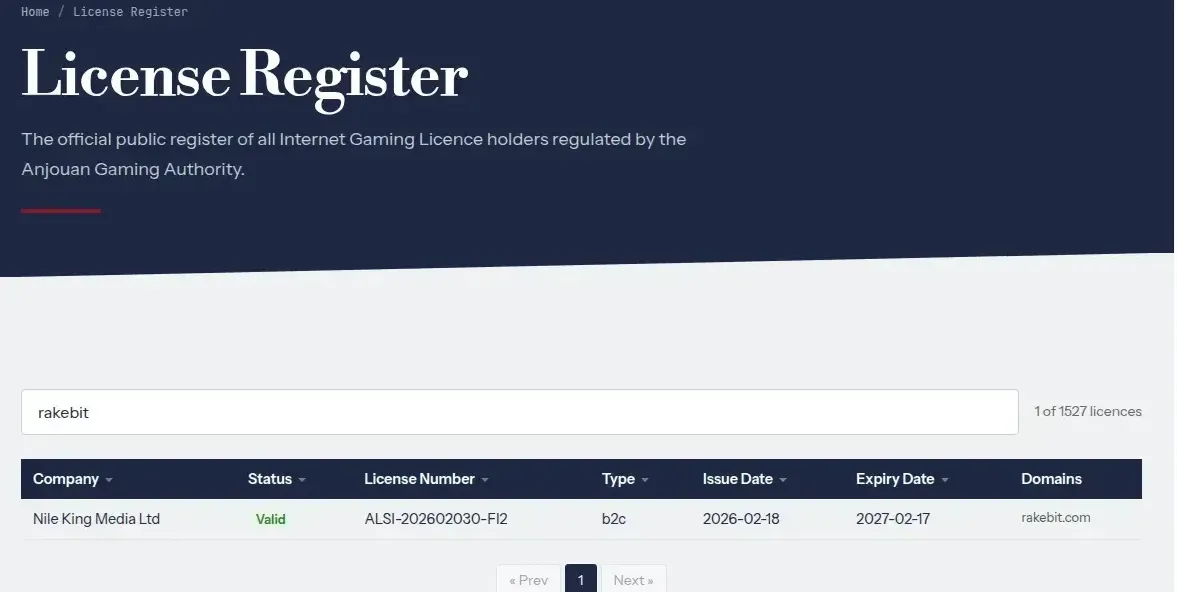 Registro público de Anjouan con la licencia de Rakebit válida