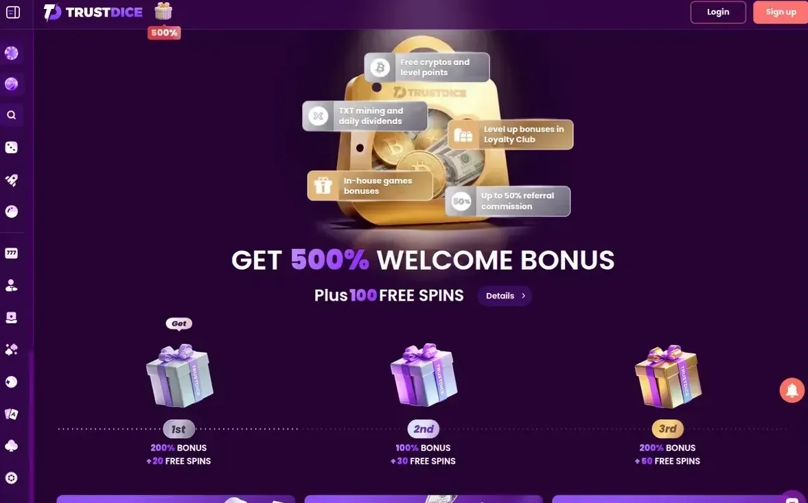 Página de bonos de TrustDice